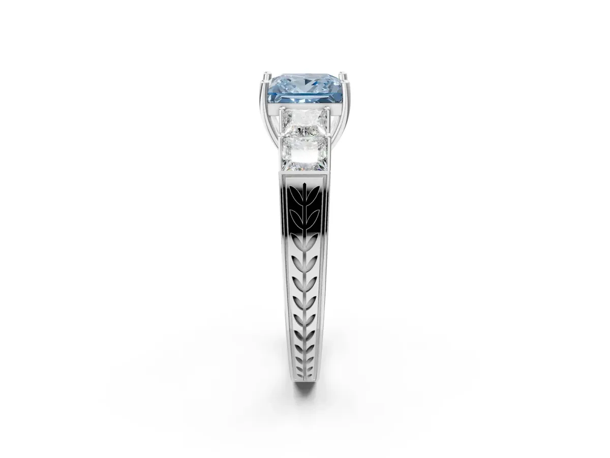 Fancy Blue Princess Cut Solitaire Princess Side Stone Engraved Band Prong Setting Ring Platinum