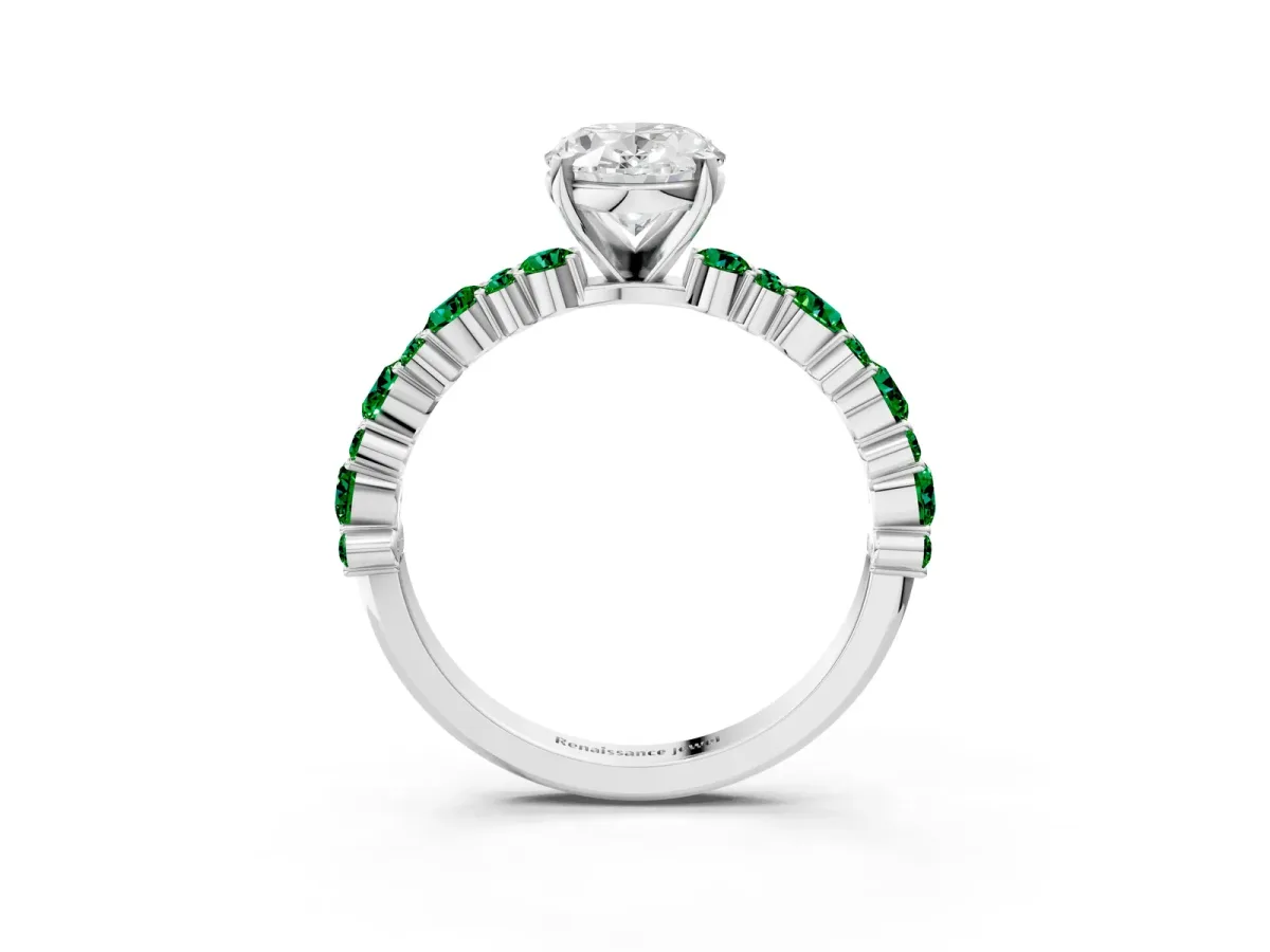 Oval Cut Diamond Side Stone Solitaire Ring with Round Emerald and Four-Prong Setting White gold