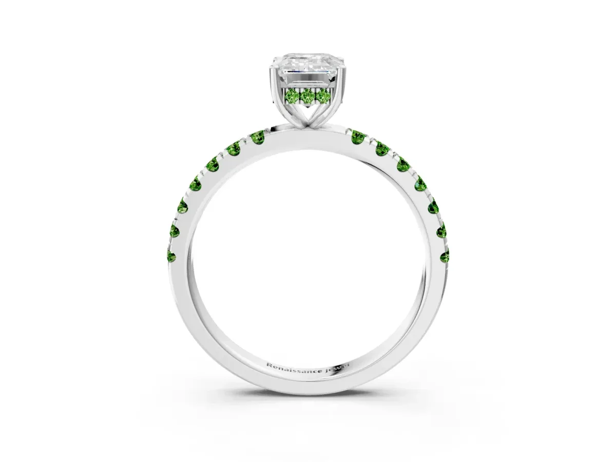 Emerald Cut Diamond Pave Band Solitaire Ring with Round Peridot and Prong Setting Silver