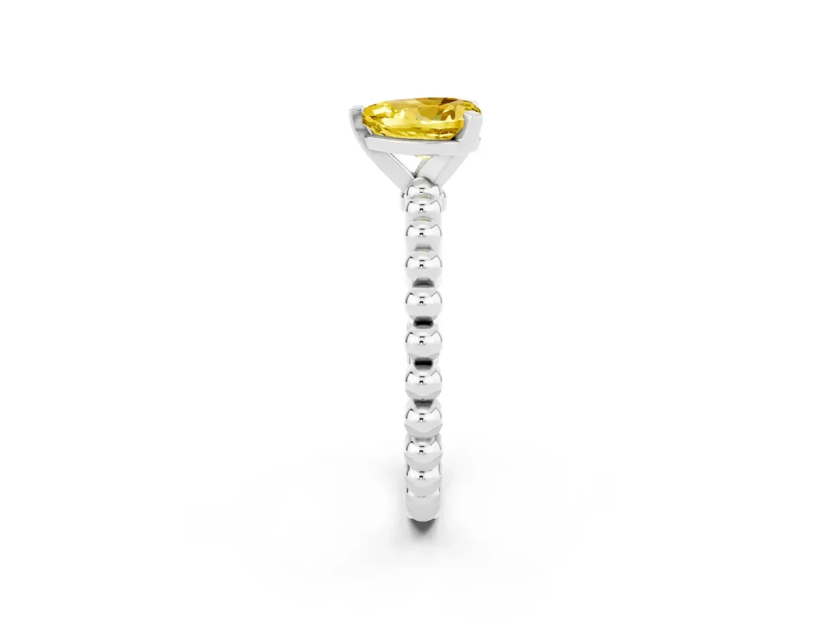 Heart Cut Yellow Sapphire Solitaire Ring with Beaded Band and Prong Setting Silver