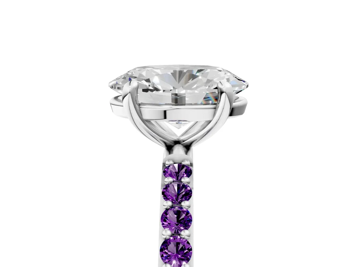 Oval Cut Diamond Solitaire Ring with Round Amethyst Pavé Band and Prong Setting Silver