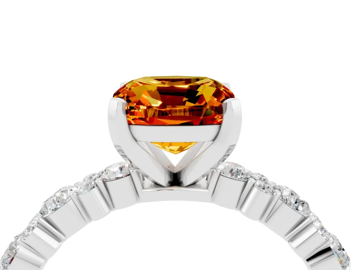 Cushion Cut Citrine Side Stone Solitaire Ring with Round and Four-Prong Setting Silver