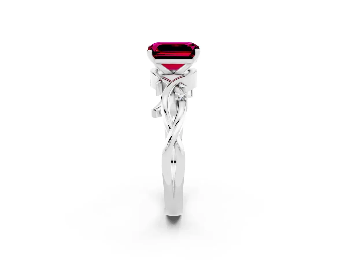 Emerald Cut Garnet Solitaire Ring with Twisted Band and Prong Setting White gold