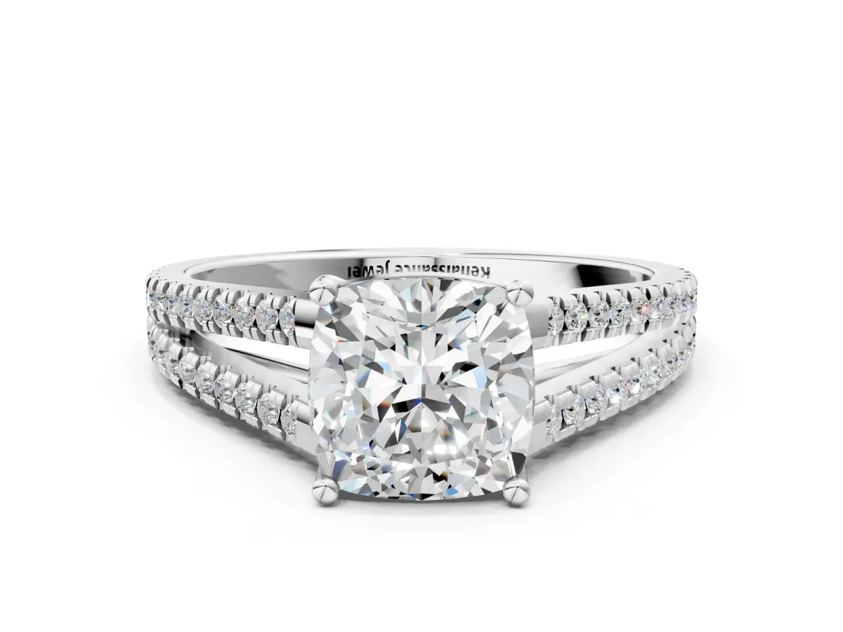 Cushion Cut Diamond Solitaire Engagement Ring with Split Shank Pavé Band Silver