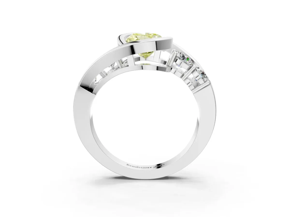 Fancy Yellow Bezel Set Oval Cut Diamond Bypass Ring with Round Accents Platinum
