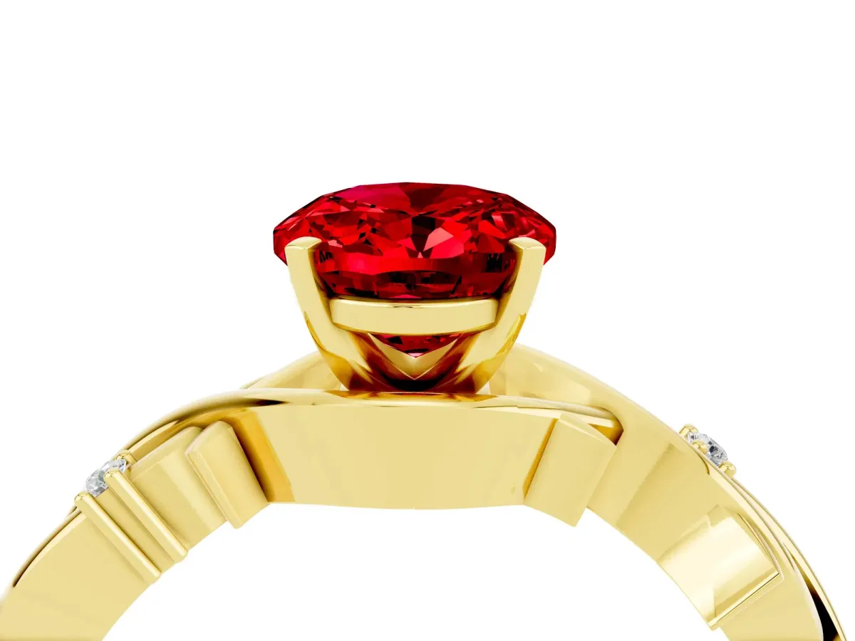 Oval Cut Ruby Solitaire Ring with Twisted Band and Prong Setting Yellow gold