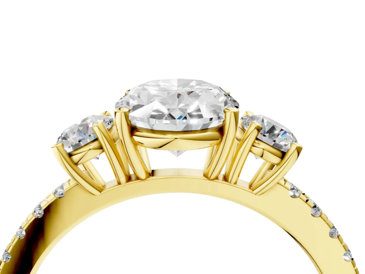 Three-Stone Oval Cut Cut Diamond Pavé Band with Prong Setting Yellow gold