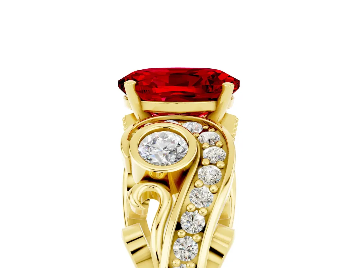 Oval Cut Ruby Solitaire Ring with Milgrain Pavé Band and Four-Prong Setting Yellow gold