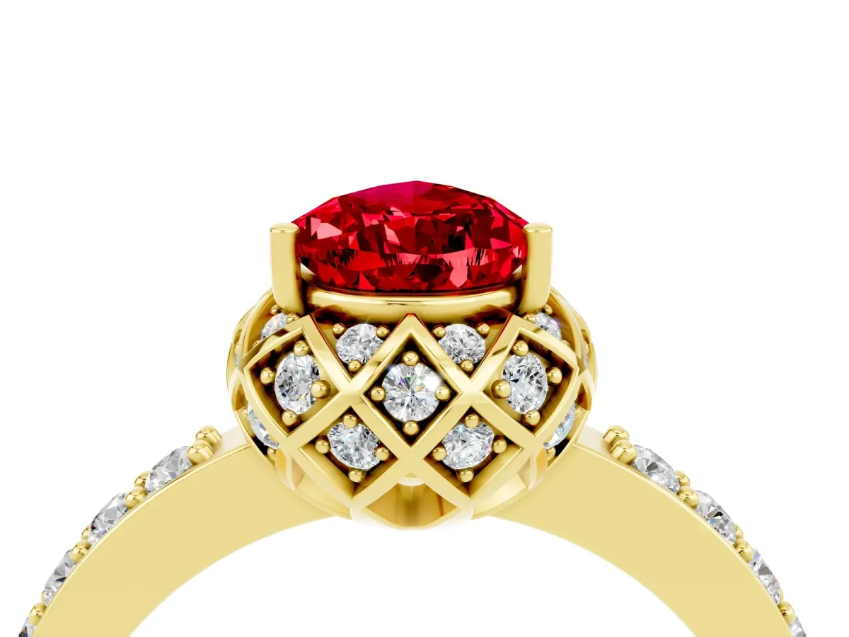 Pear Cut Ruby Scalloped Halo Engagement Ring with Round Shared Prong Band Yellow gold