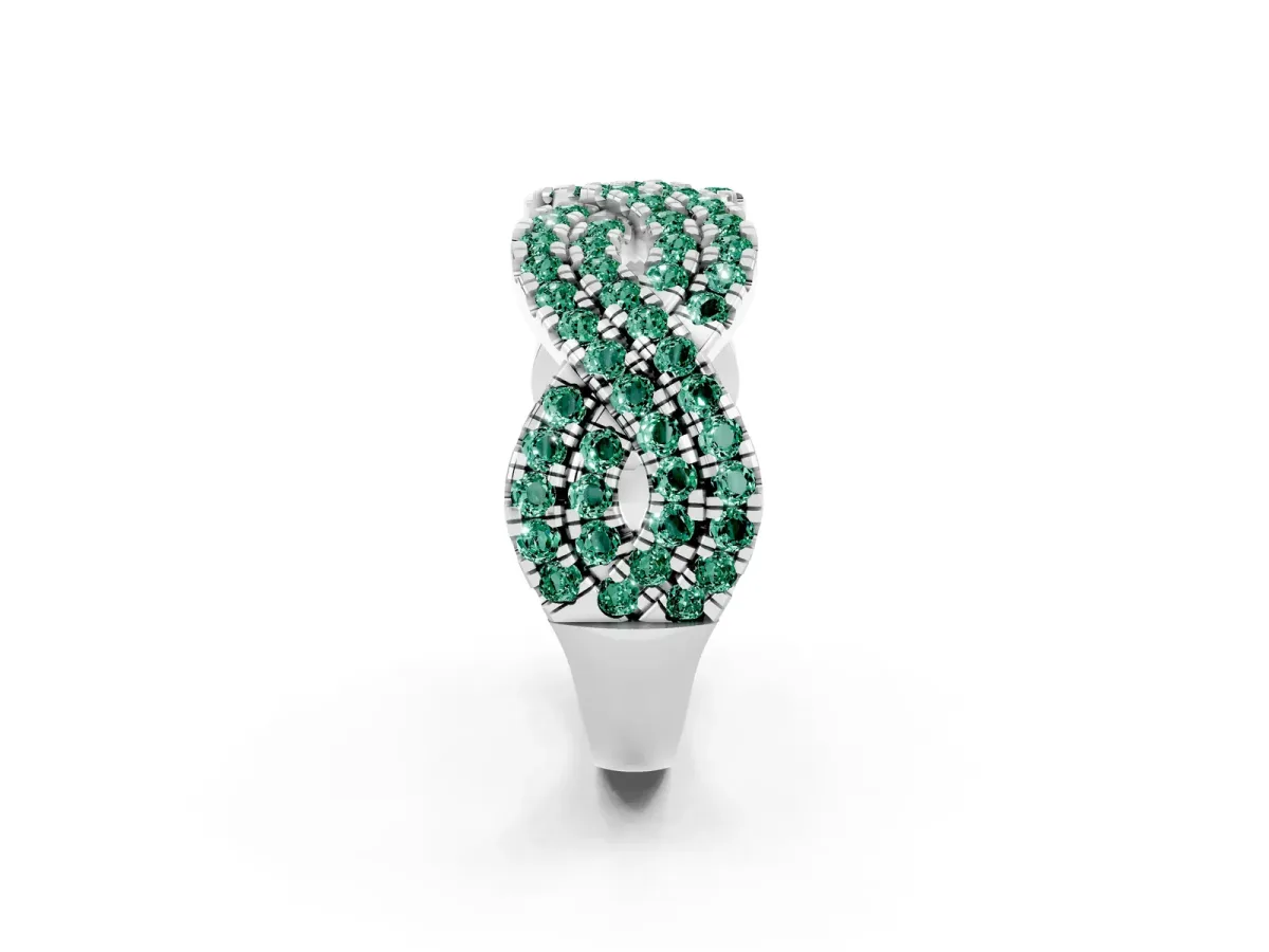 Pavé Round Green Sapphire Infinity Twist Band with Shared Prong Setting White gold