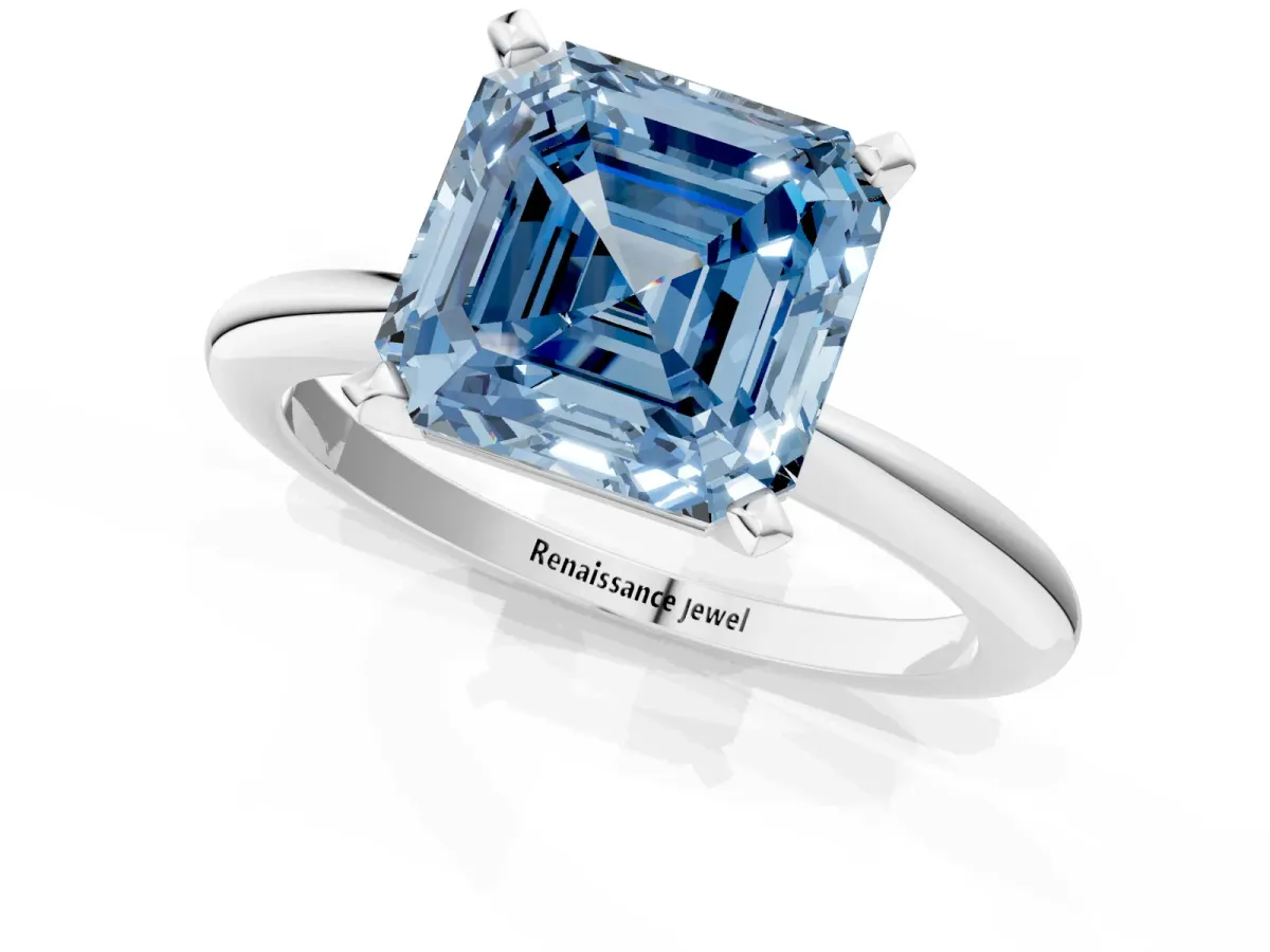 Fancy Blue Asscher Cut Diamond Solitaire Ring with Six-Prong Setting and Classic Band Silver