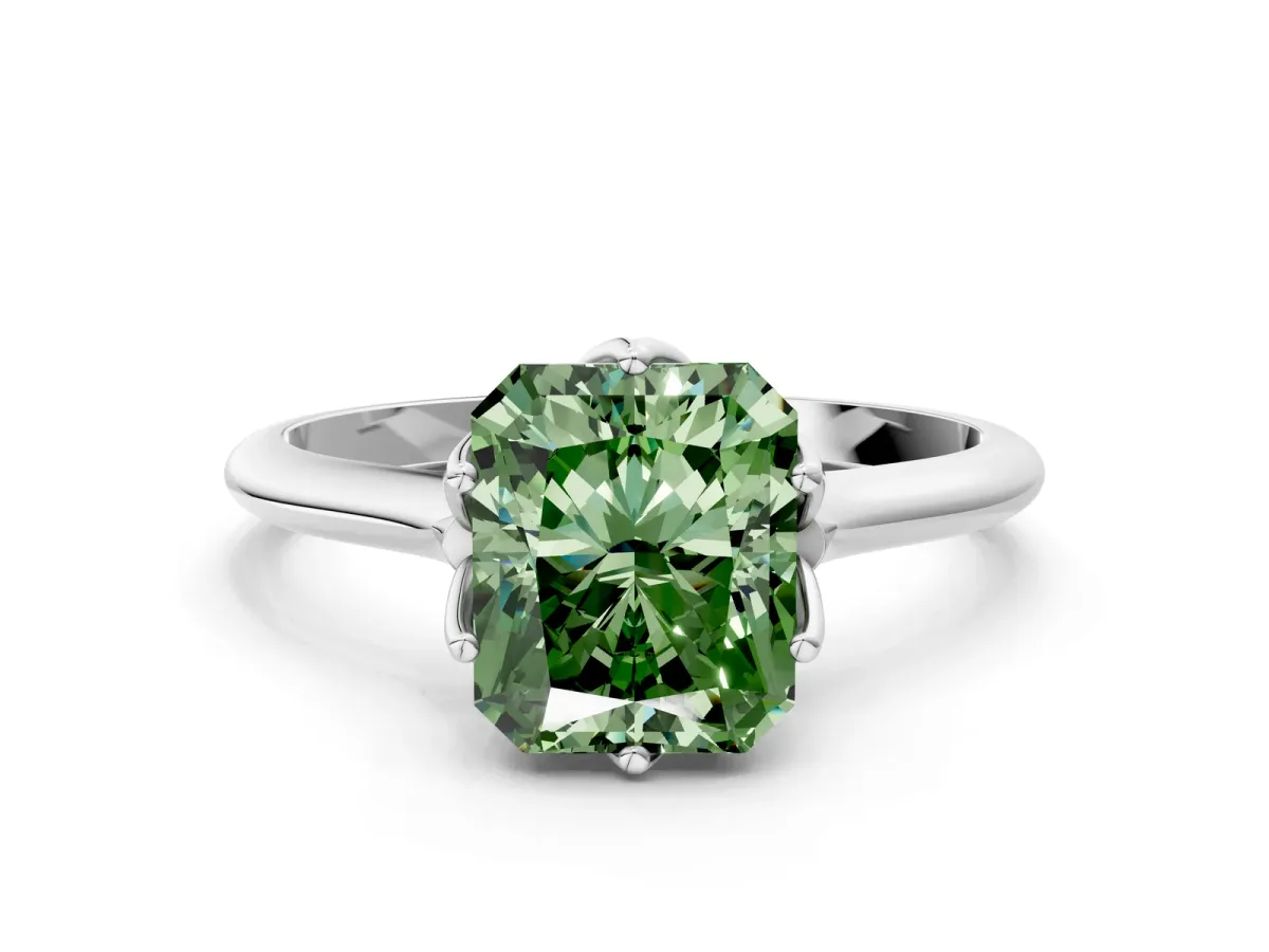 Fancy Green Radiant Cut Solitaire Cathedral Diamond Ring with Six-Prong Setting Platinum