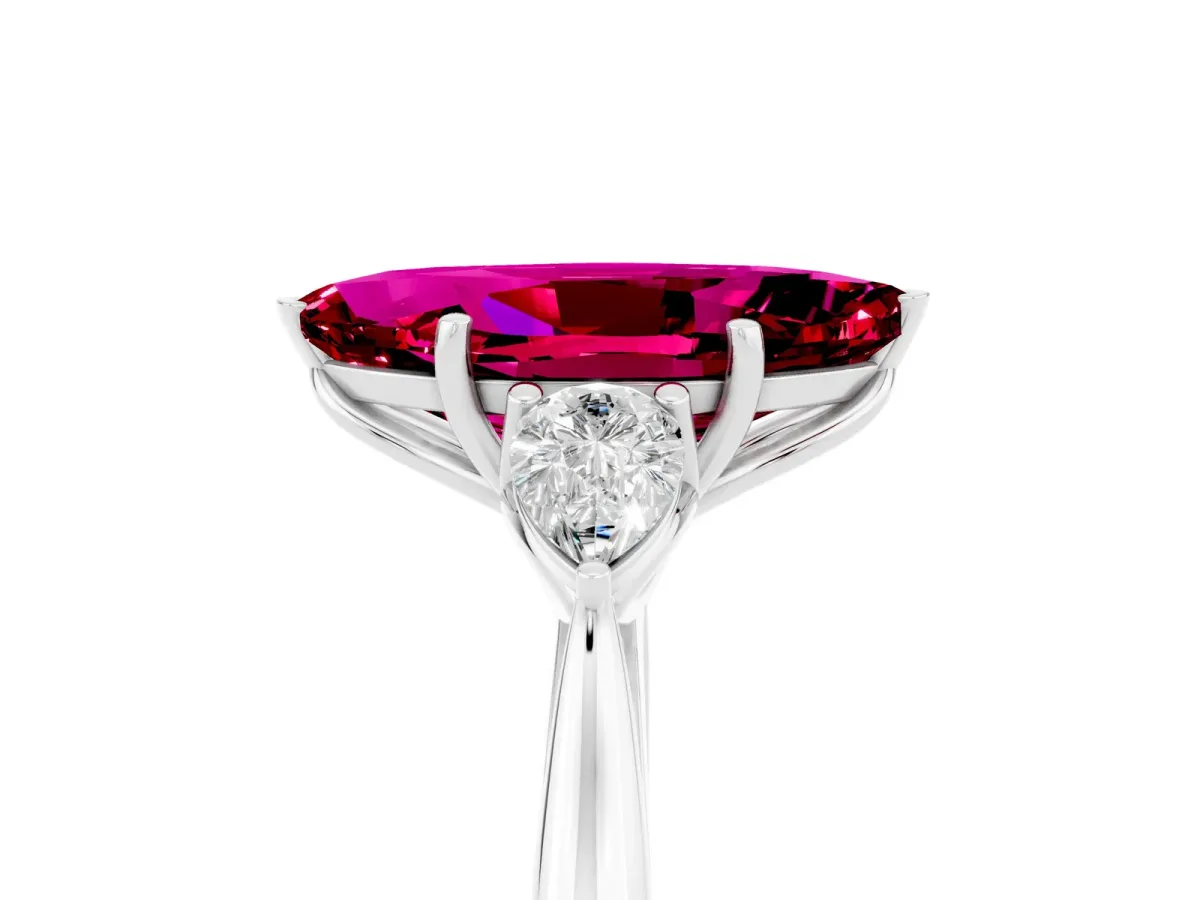 Marquise Cut Garnet Three-Stone Ring with Pear Side Stones and Prong Setting White gold