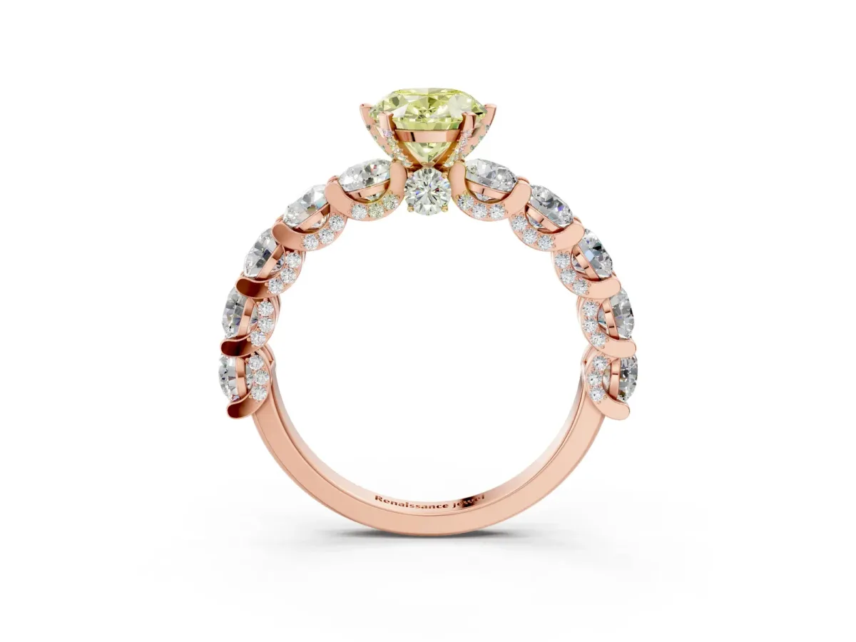 Fancy Yellow Oval Cut Diamond Side Stone Engagement Ring with Four-Prong Setting Rose gold