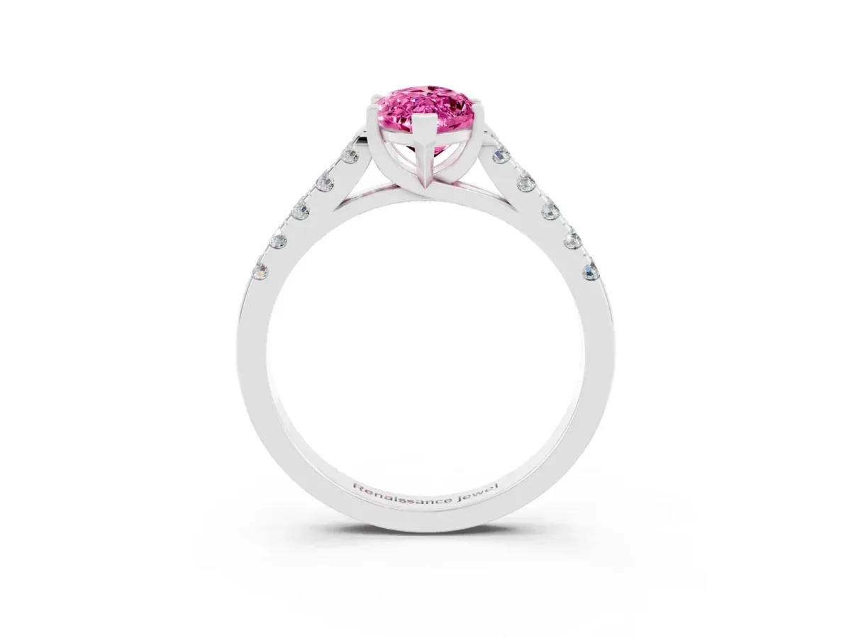 Marquise Cut Pink Sapphire Pavé Band Solitaire Ring with Prong Setting Silver