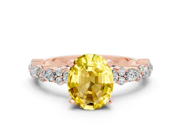 Oval Cut Yellow Sapphire Side Stone Solitaire Ring with Round and Four-Prong Setting Rose gold