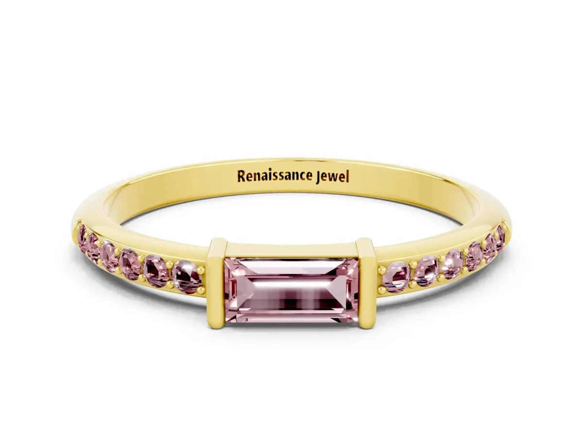 Baguette Morganite Pavé Band with Bar Setting Yellow gold