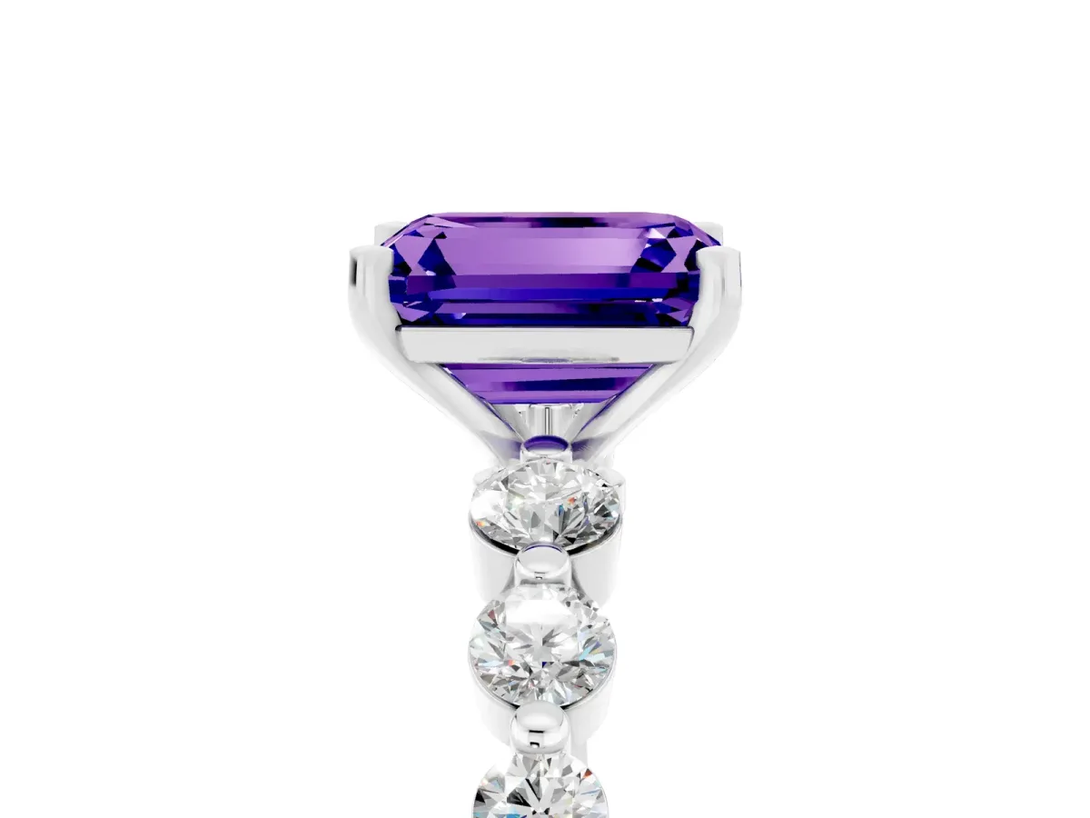 Emerald Cut Solitaire Tanzanite Ring with Pave Band and Four-Prong Setting Silver