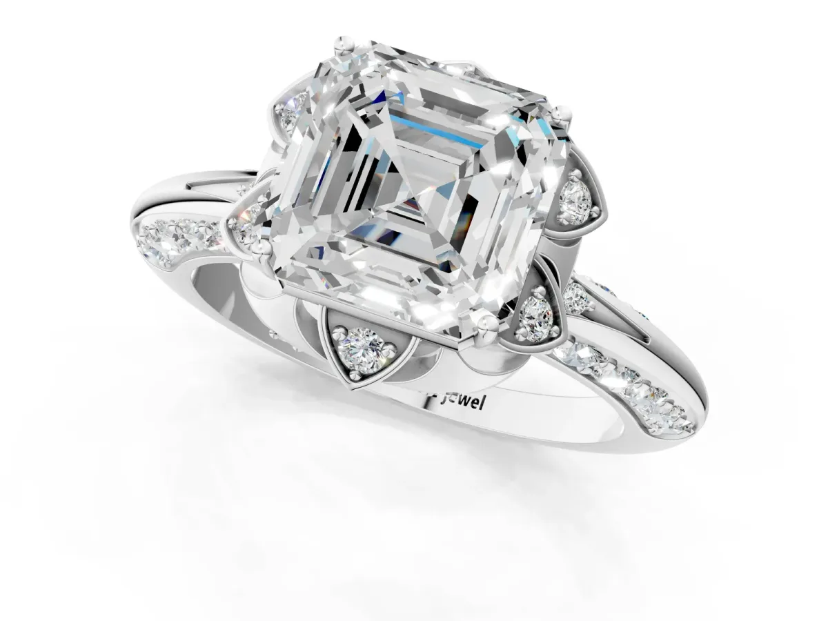 Asscher Cut Halo Split Shank Pave Diamond Ring with Petal Prong Setting Platinum