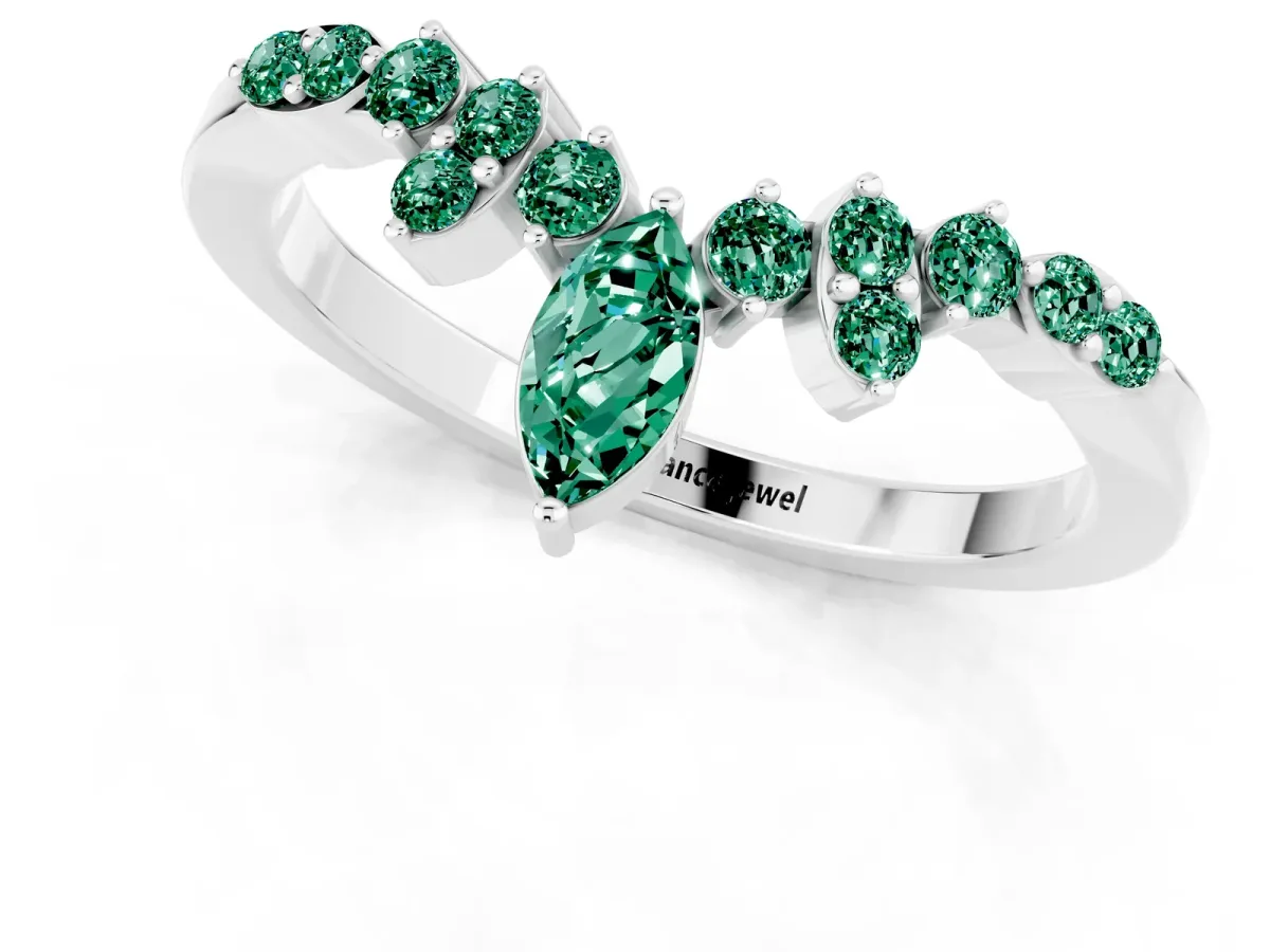 Marquise and Round Green Sapphire Chevron Band with Prong Setting Silver