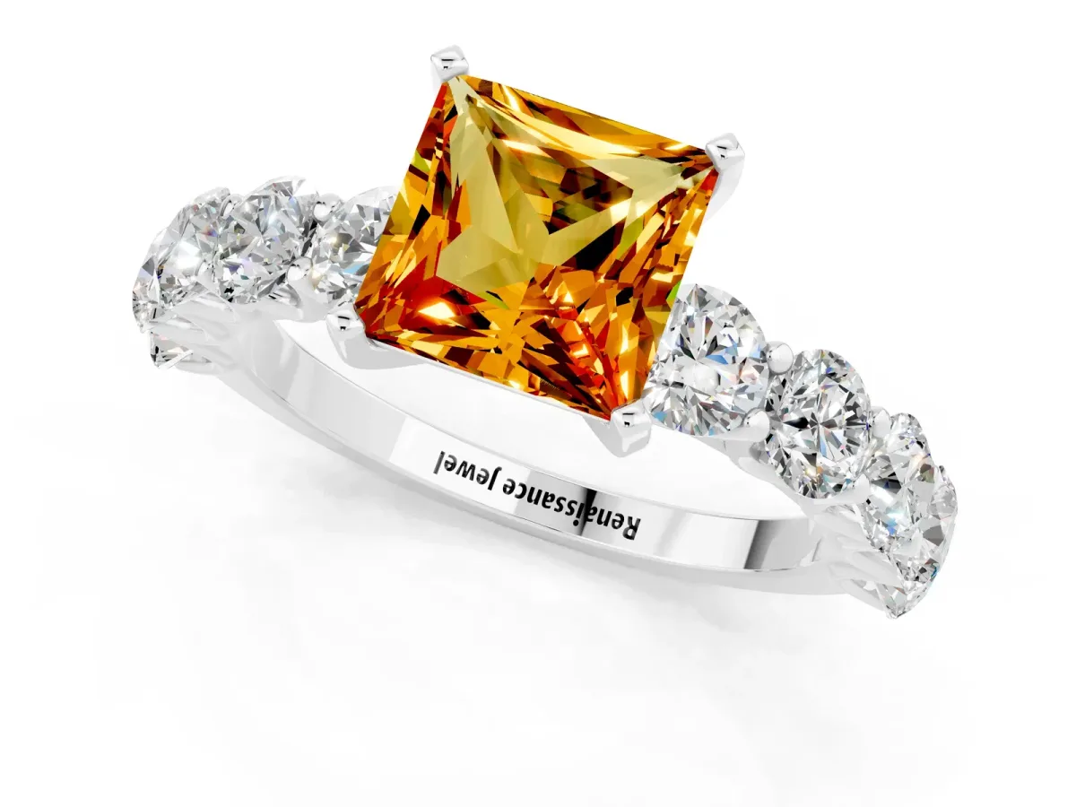 Princess Cut Citrine Prong Setting with Side Stones on a Pave Band Silver
