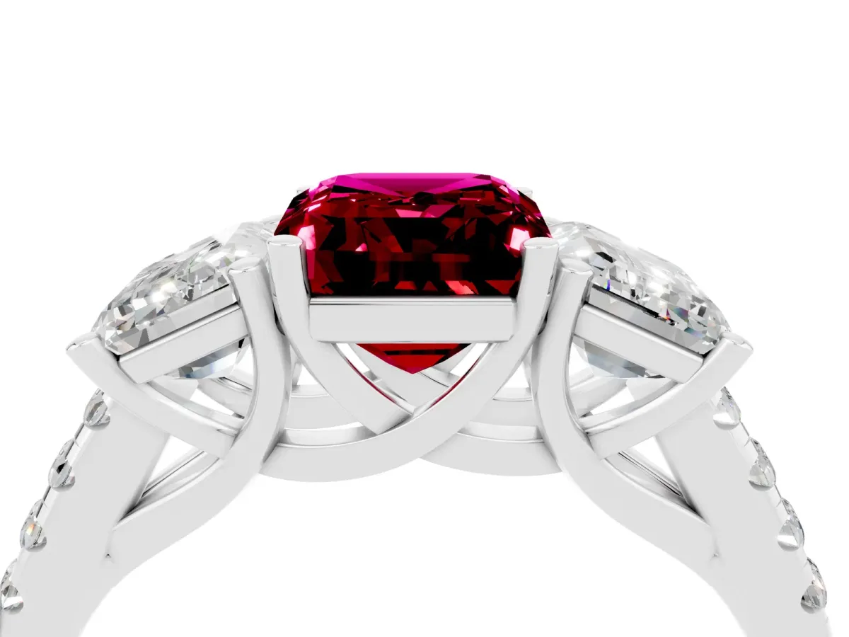 Three-Stone Emerald Cut Garnet Ring with Round Pavé Band and Prong Setting Platinum