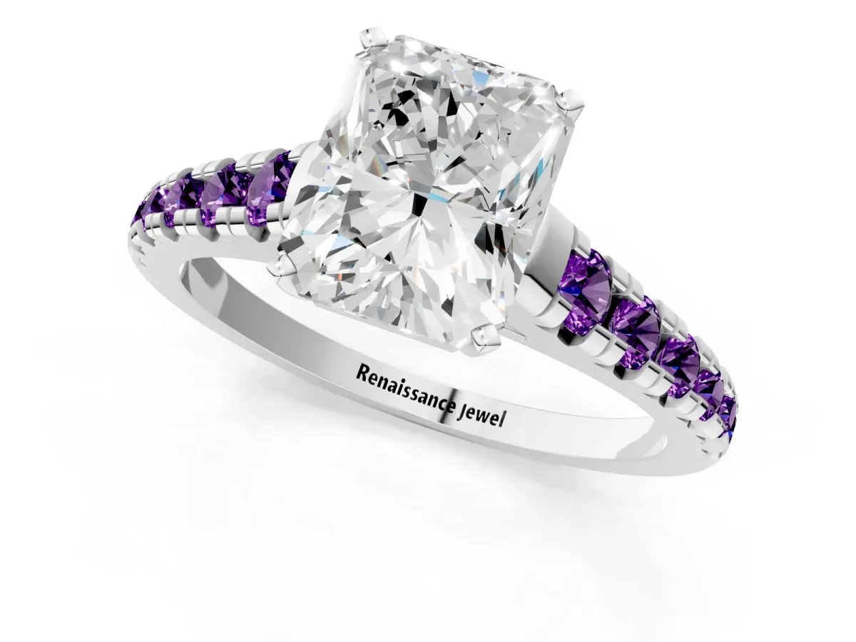 Radiant Cut Diamond Cathedral Solitaire Ring with Round Amethyst Pavé Band Silver