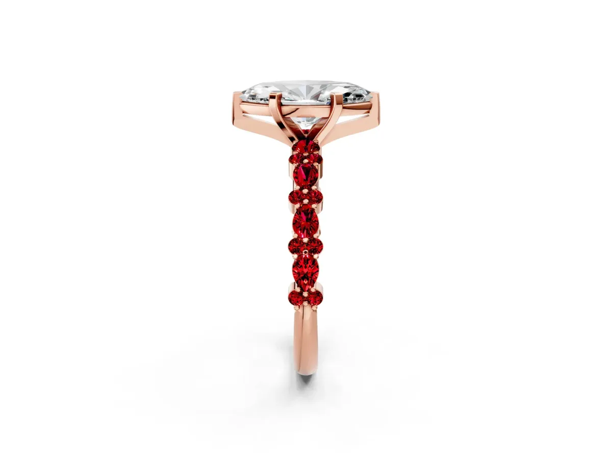 Marquise Cut Diamond Side Stone Solitaire Ring with Round Ruby and Four-Prong Setting Rose gold