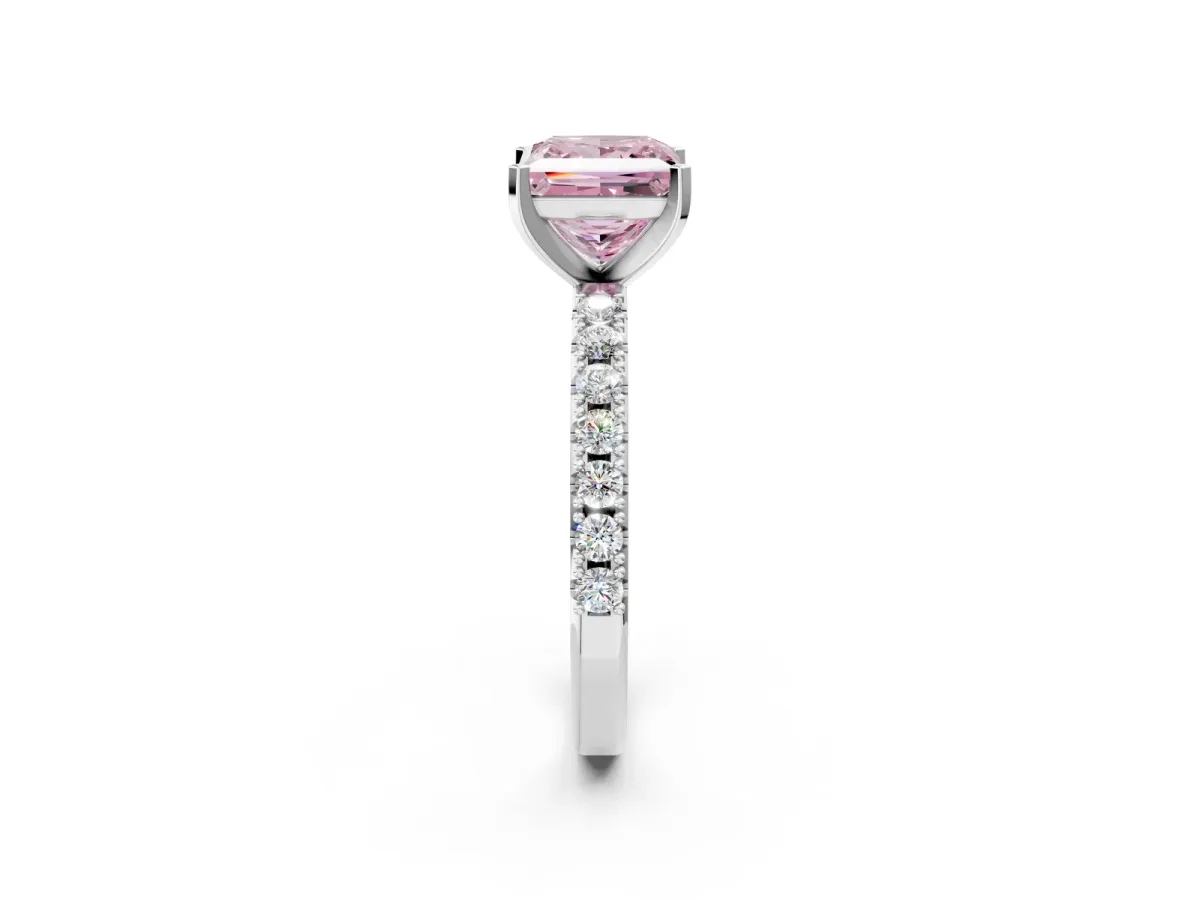 Fancy Pink Princess Cut Diamond Solitaire Pavé Band with Four-Prong Setting Silver