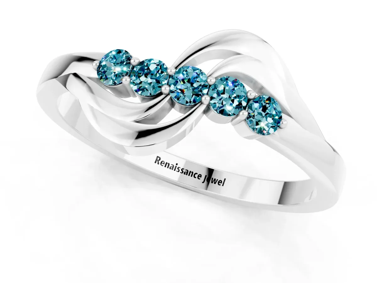 Five-Stone Round Blue Topaz Crossover Band with Prong Setting Platinum