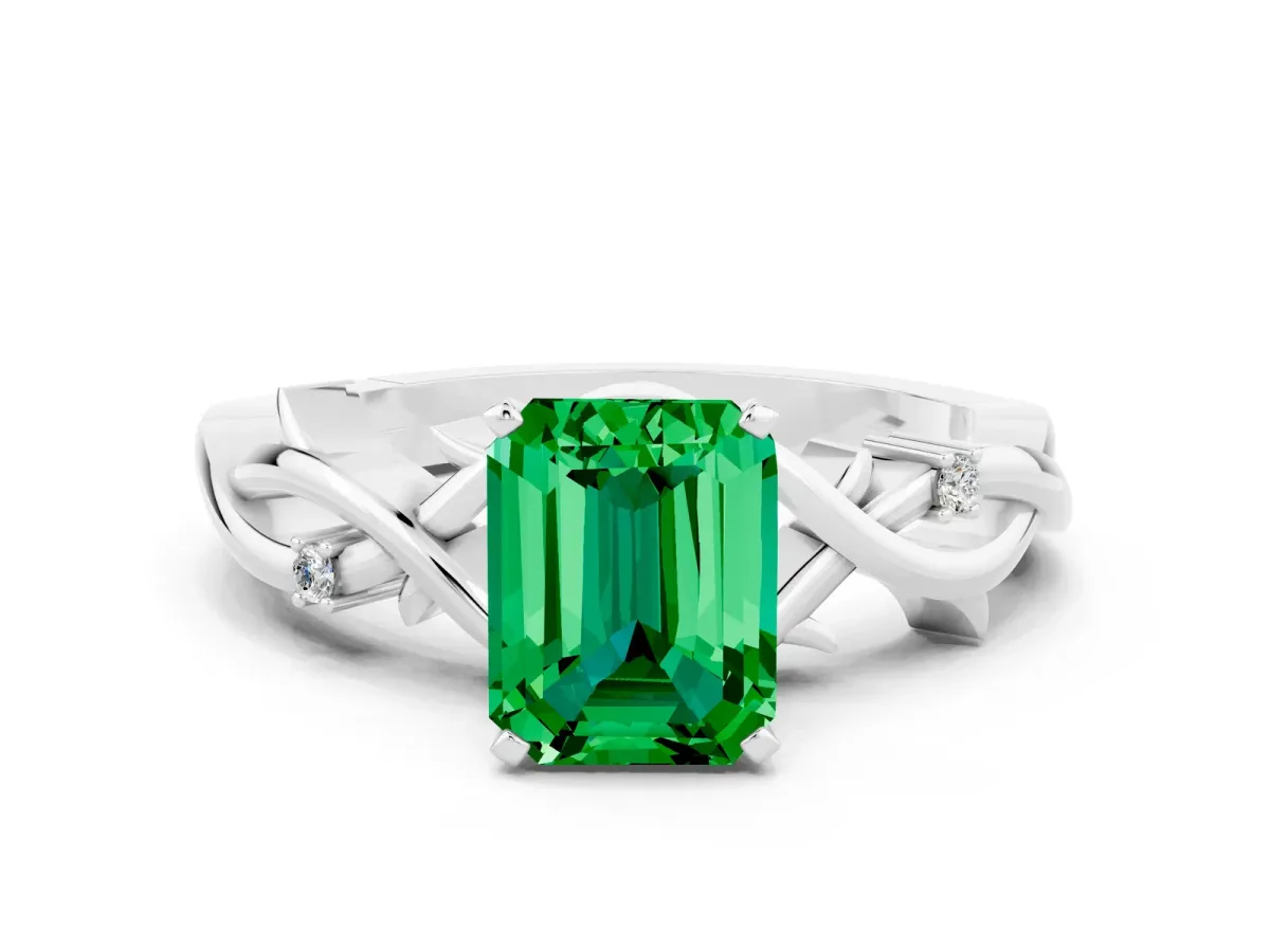Emerald Cut Emerald Solitaire Ring with Twisted Band and Prong Setting Platinum