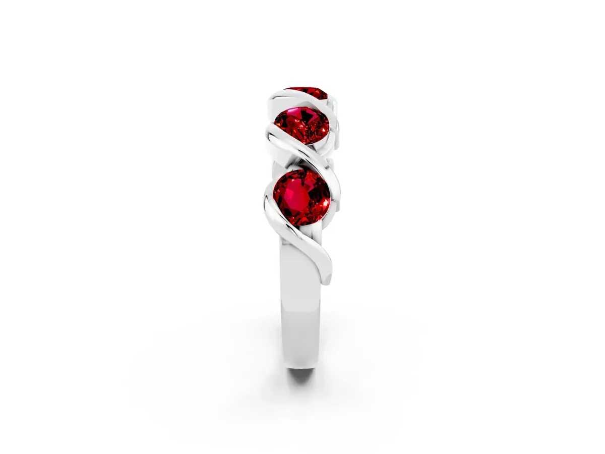 Round Ruby Wave Band with Channel Setting and Shared Prongs Silver