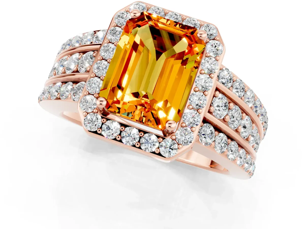 Emerald Cut Halo Citrine Ring with Round Split Shank and Prong Setting Rose gold