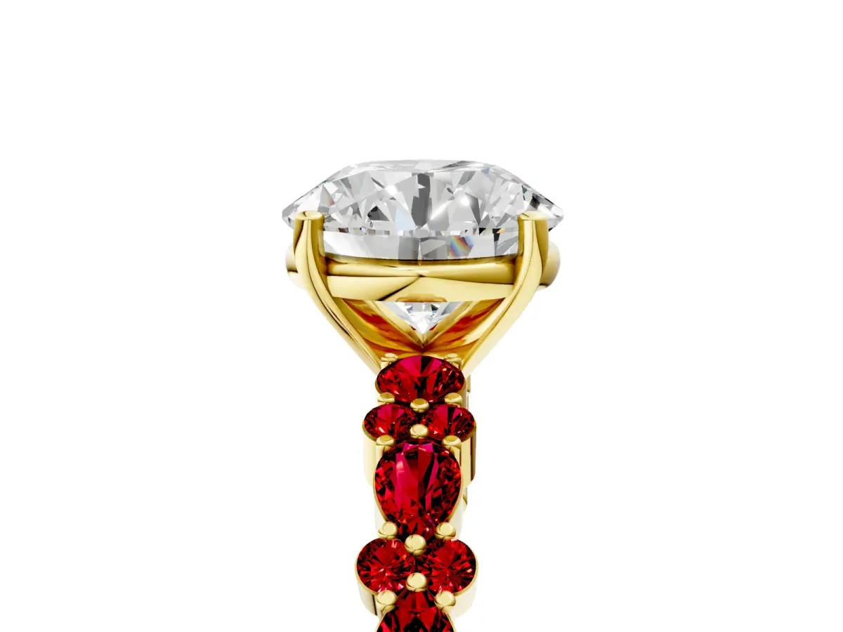 Round Cut Diamond Side Stone Solitaire Ring with Round Ruby and Four-Prong Setting Yellow gold