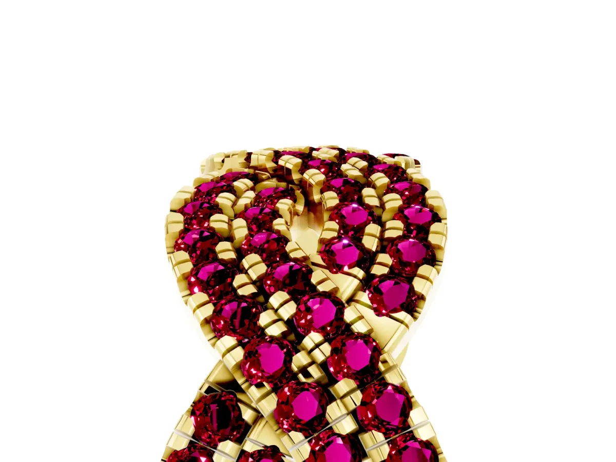 Pavé Round Garnet Infinity Twist Band with Shared Prong Setting Yellow gold