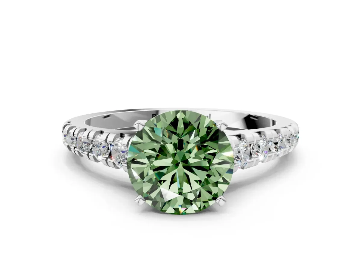 Fancy Green Round Cut Diamond Cathedral Solitaire Ring with Round Pavé Band Platinum