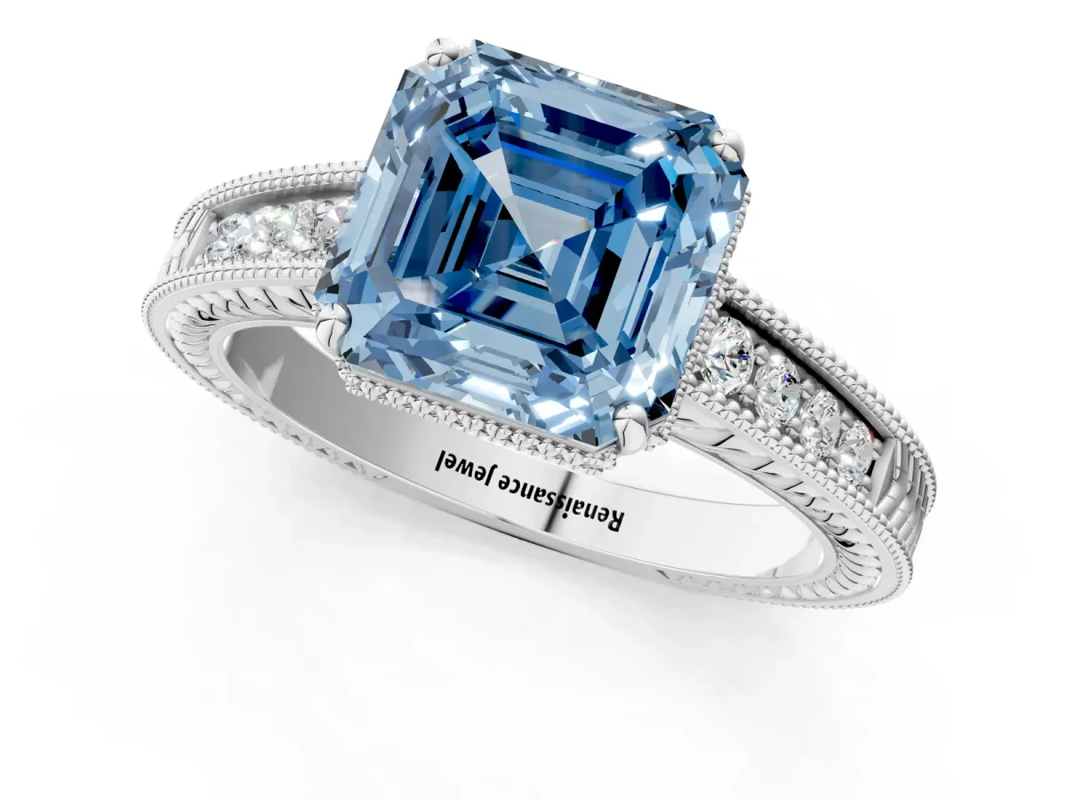 Fancy Blue Asscher Cut Cut Diamond Milgrain Pave Band Four-Prong Setting Ring Platinum