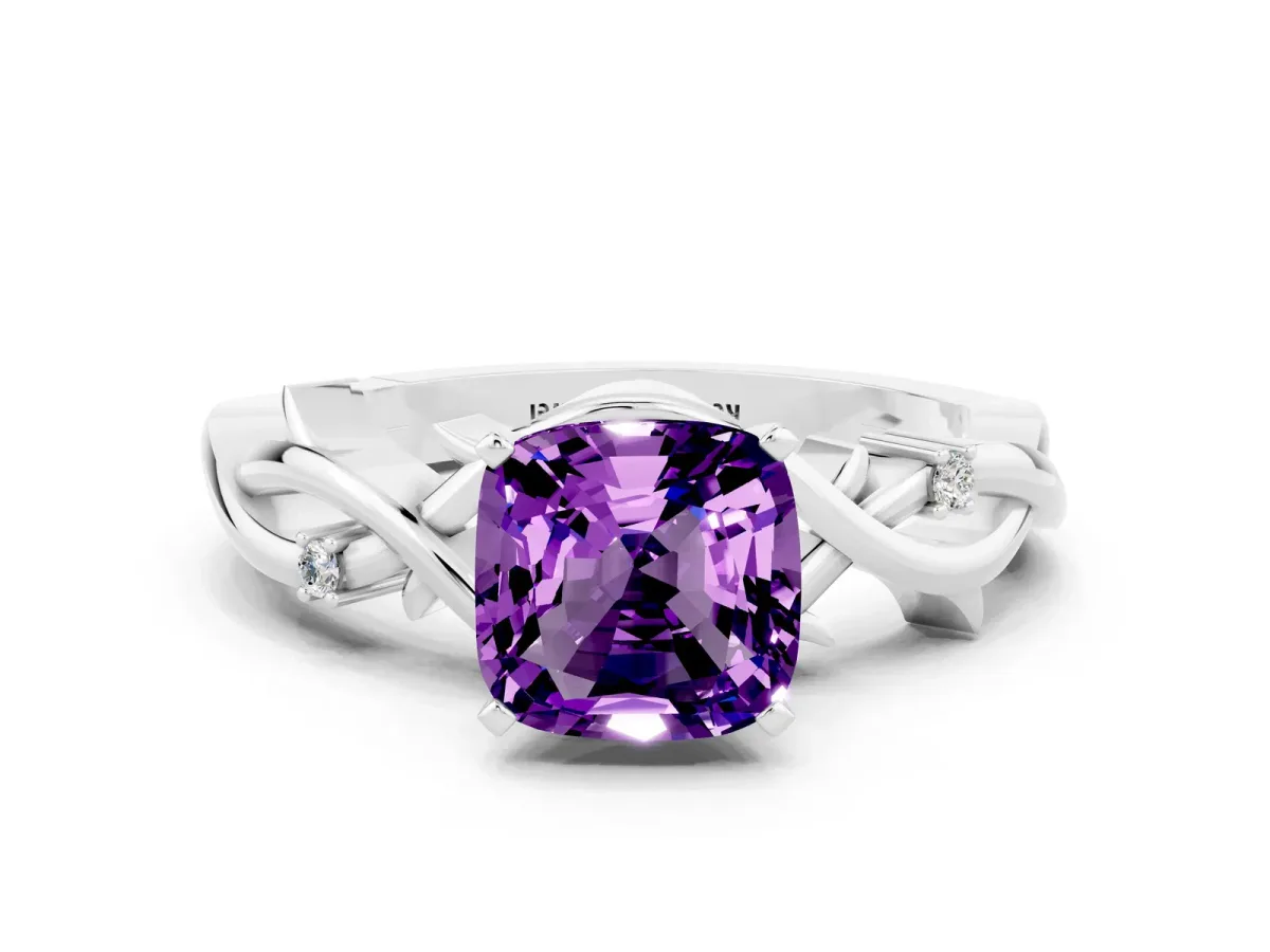 Cushion Cut Amethyst Solitaire Ring with Twisted Band and Prong Setting Silver