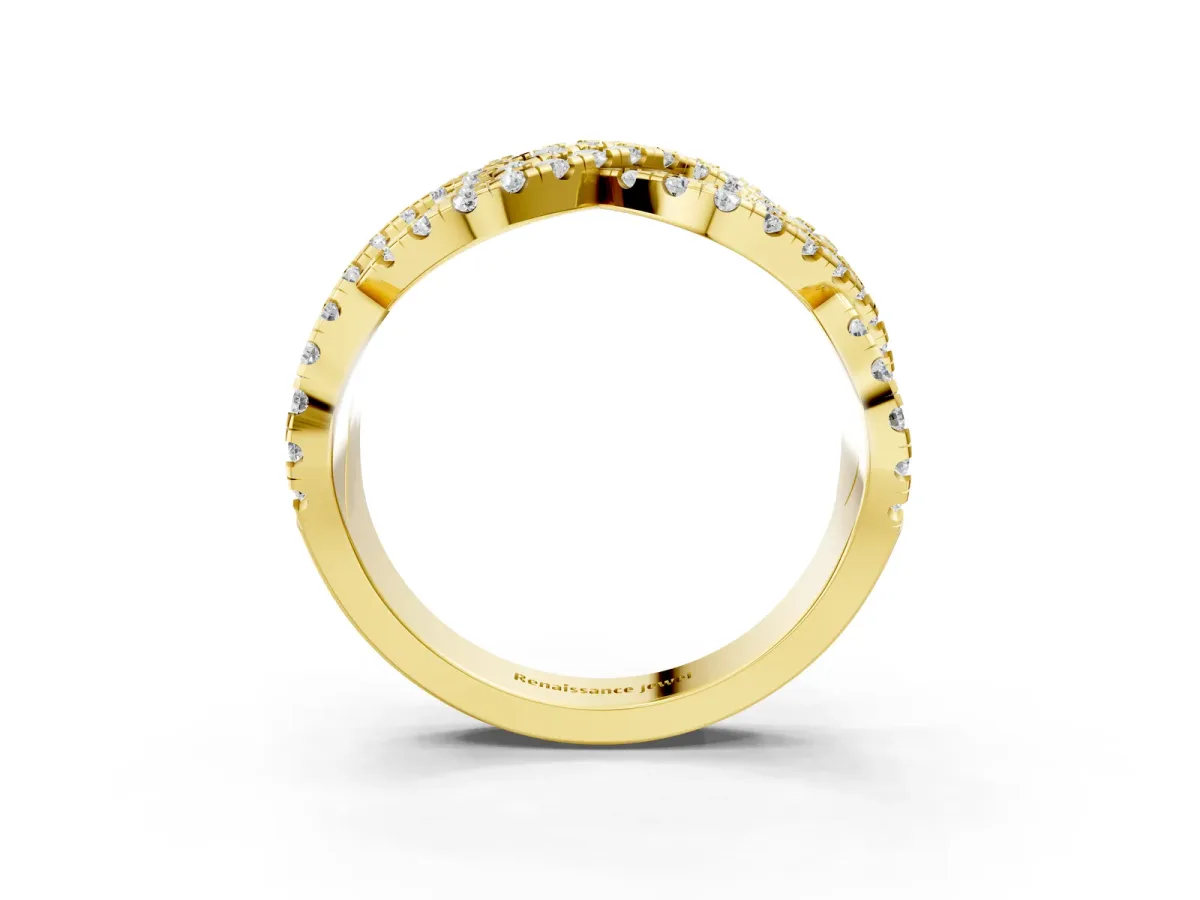 Pavé Round Diamond Infinity Twist Band with Shared Prong Setting Yellow gold