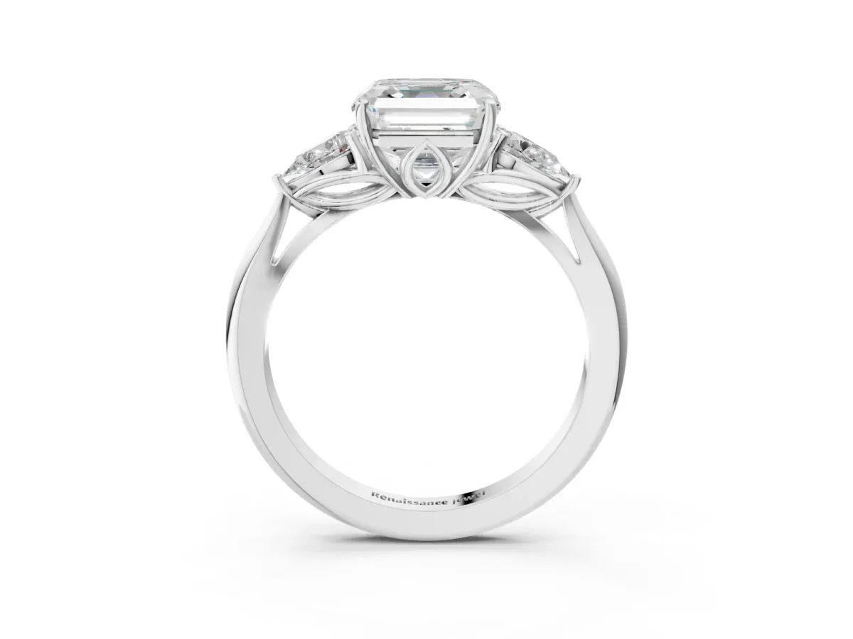 Three-Stone Asscher Cut Diamond Ring with Pear Side Stones in Four-Prong Setting Platinum