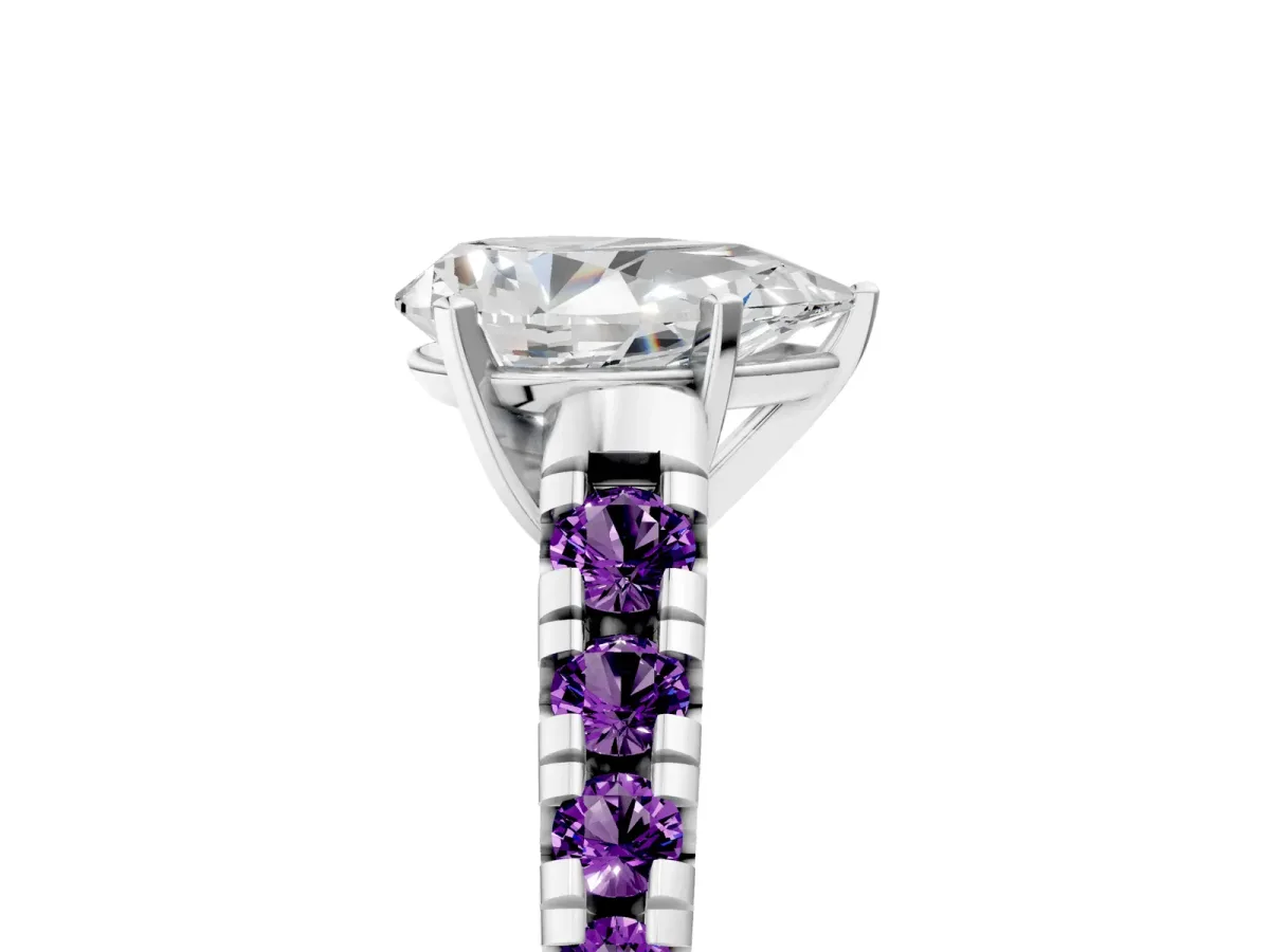 Pear Cut Diamond Cathedral Solitaire Ring with Round Amethyst Pavé Band Platinum