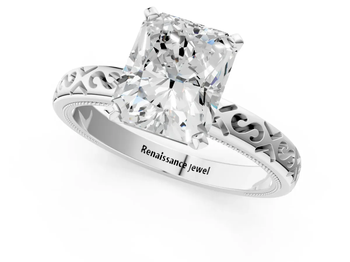 Radiant Cut Solitaire Engagement Ring with Scrollwork Band and Four-Prong Setting Platinum
