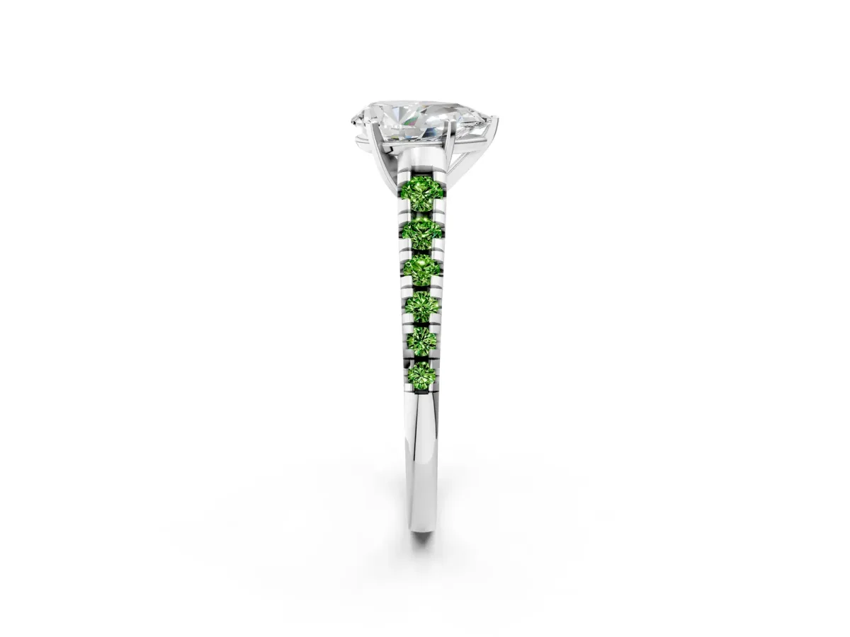 Pear Cut Diamond Cathedral Solitaire Ring with Round Peridot Pavé Band Platinum