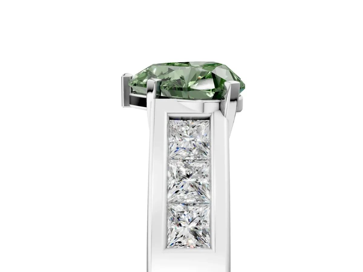 Fancy Green Heart Cut Cut Channel Set Solitaire Ring with Four-Prong Setting Platinum