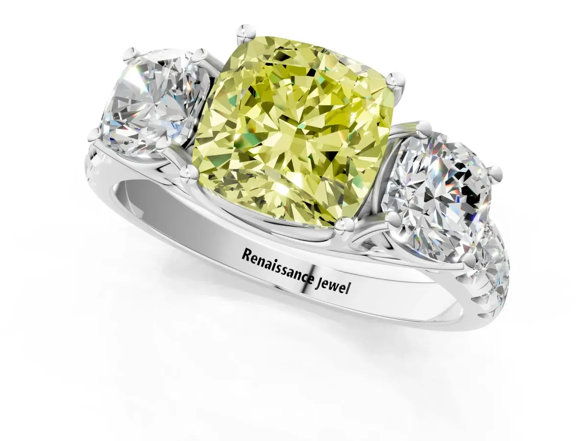 Fancy Yellow Three-Stone Cushion Cut Diamond Pavé Band with Prong Setting Platinum