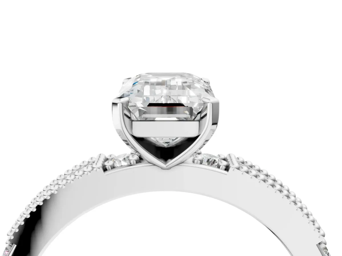 Emerald Cut Solitaire with Pavé Band and Four-Prong Setting Silver