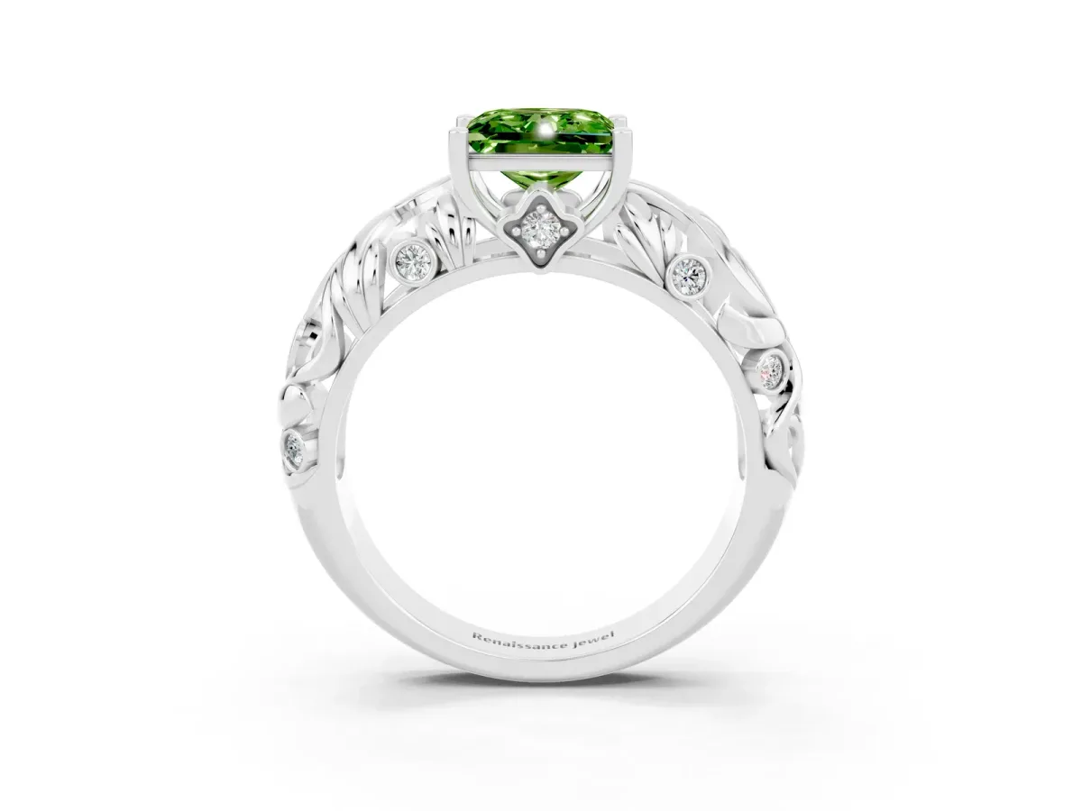 Princess Cut Solitaire Peridot Leaf-Inspired Vine Band Ring with Prong Setting White gold