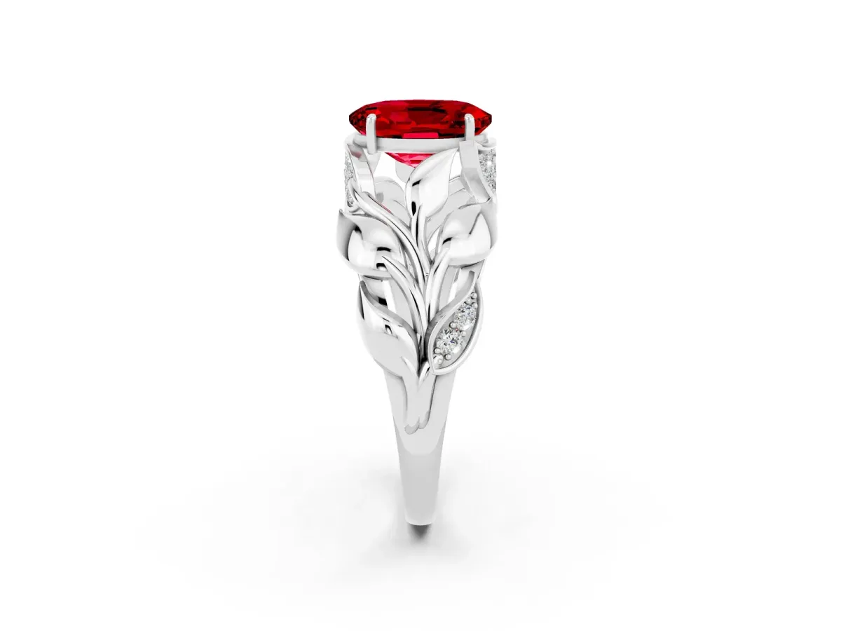 Oval Cut Ruby Leaf-Inspired Engagement Ring with Round Accents and Prong Setting White gold