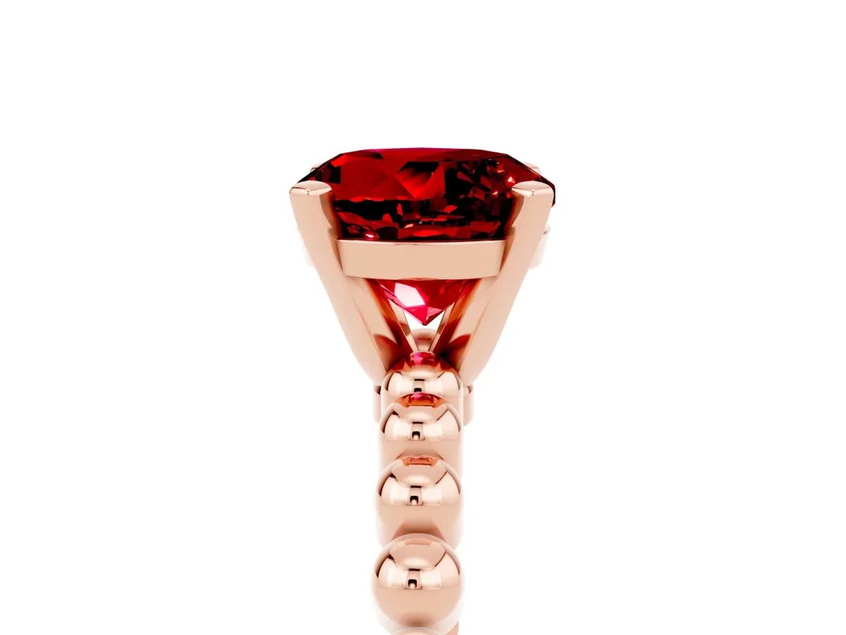Round Cut Ruby Solitaire Ring with Beaded Band and Prong Setting Rose gold