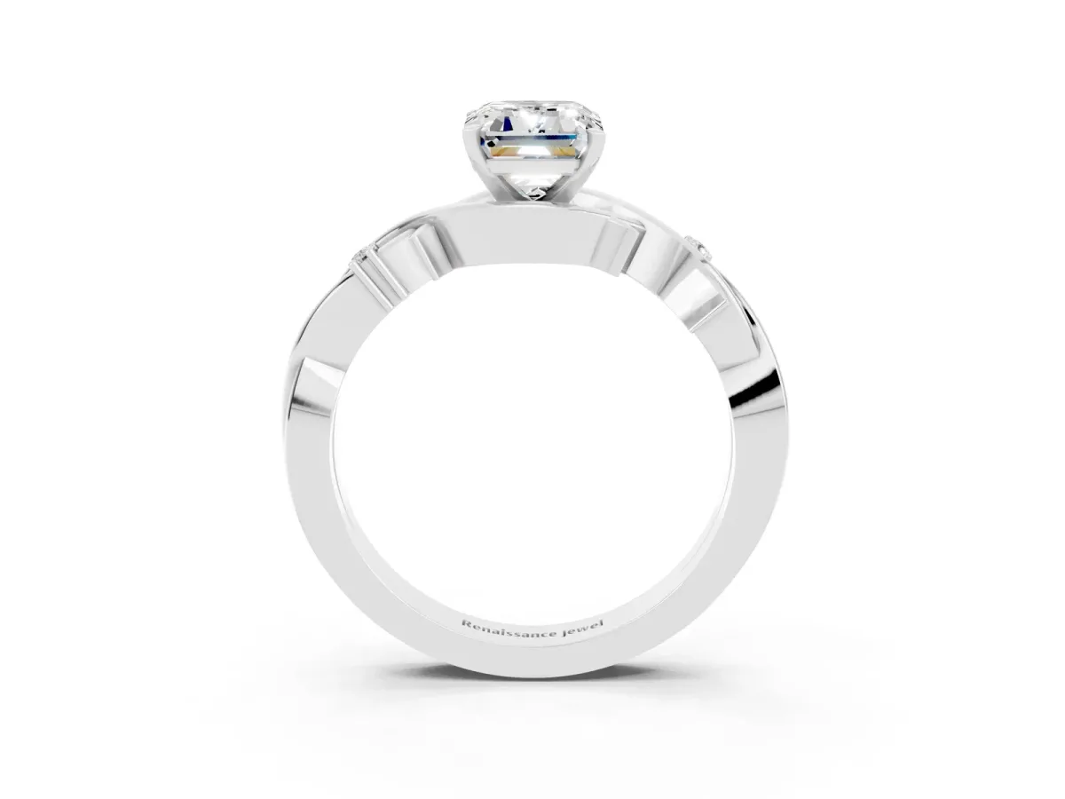 Emerald Cut Moissanite Solitaire Ring with Twisted Band and Prong Setting Silver